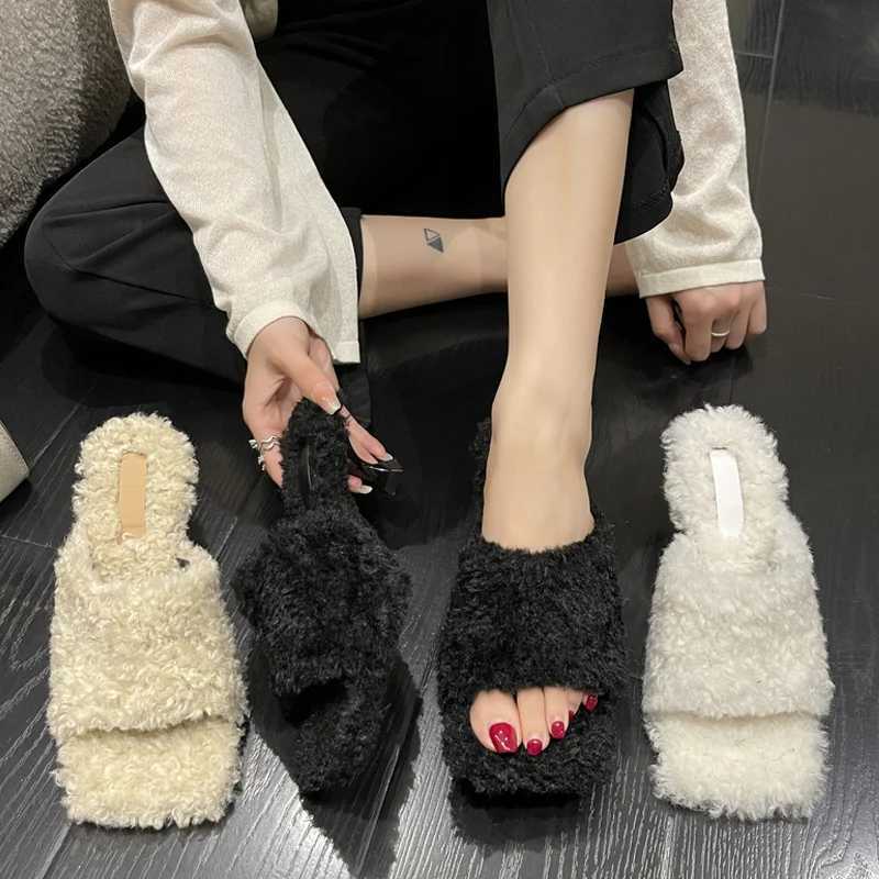 Shoes Fur Teddy Dress Rich Mule Slides Woman Elegant Kitten Heel Square Toe Plush Slippers Ladies Winter Party Stiletto Furry Pump ShoesL464