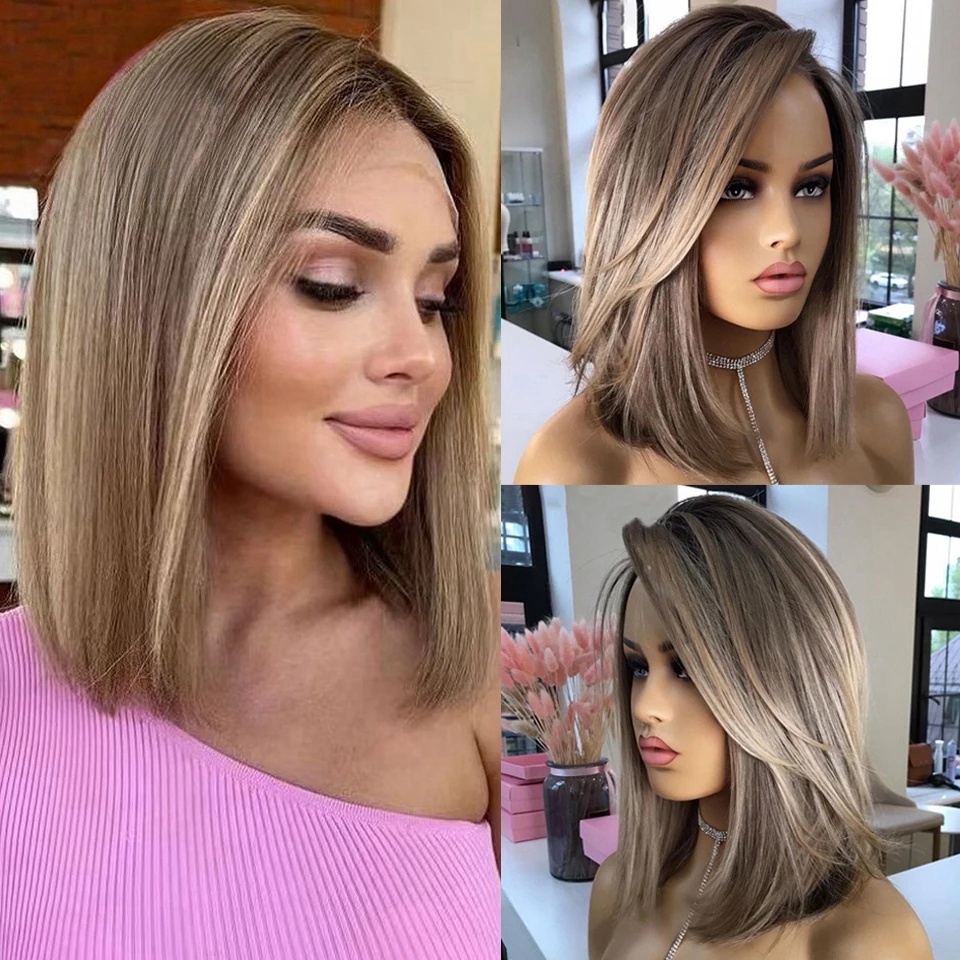 Ash Blonde Brown Bob Highlight Glueless Short Straight Front Wigs Human Hair 13X4 HD Lace Frontal Wig