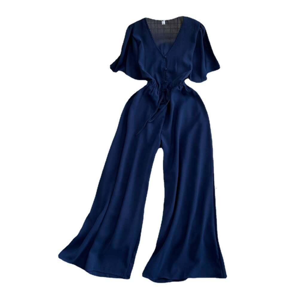 24ss Summer Korean Fashion Flare Sleeves V-Neck jumpsuit Casual High Waist Slimming Straight Leg Wide Leg Pants jumpsuit