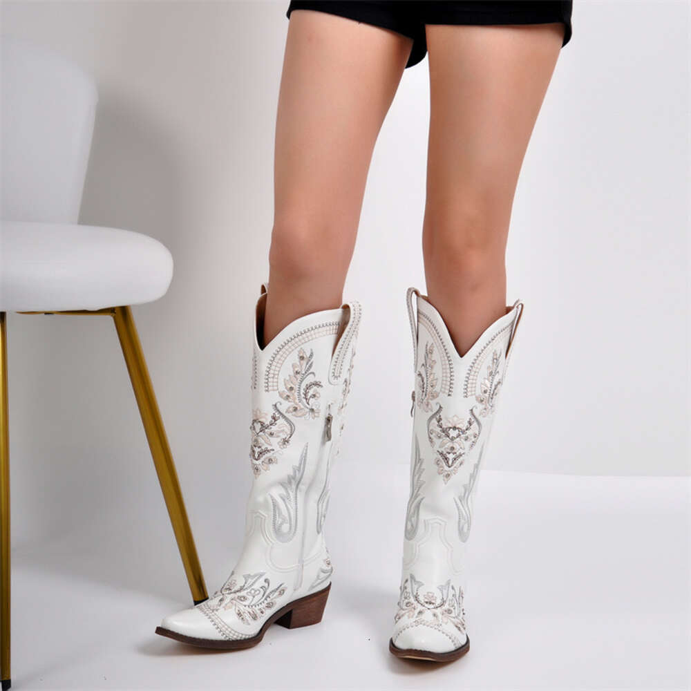 Onlymaker Women Embroidered White Western Cowboy Boots Block Heel Pull-On Pointed Toe Crystal Cowgirl Booties