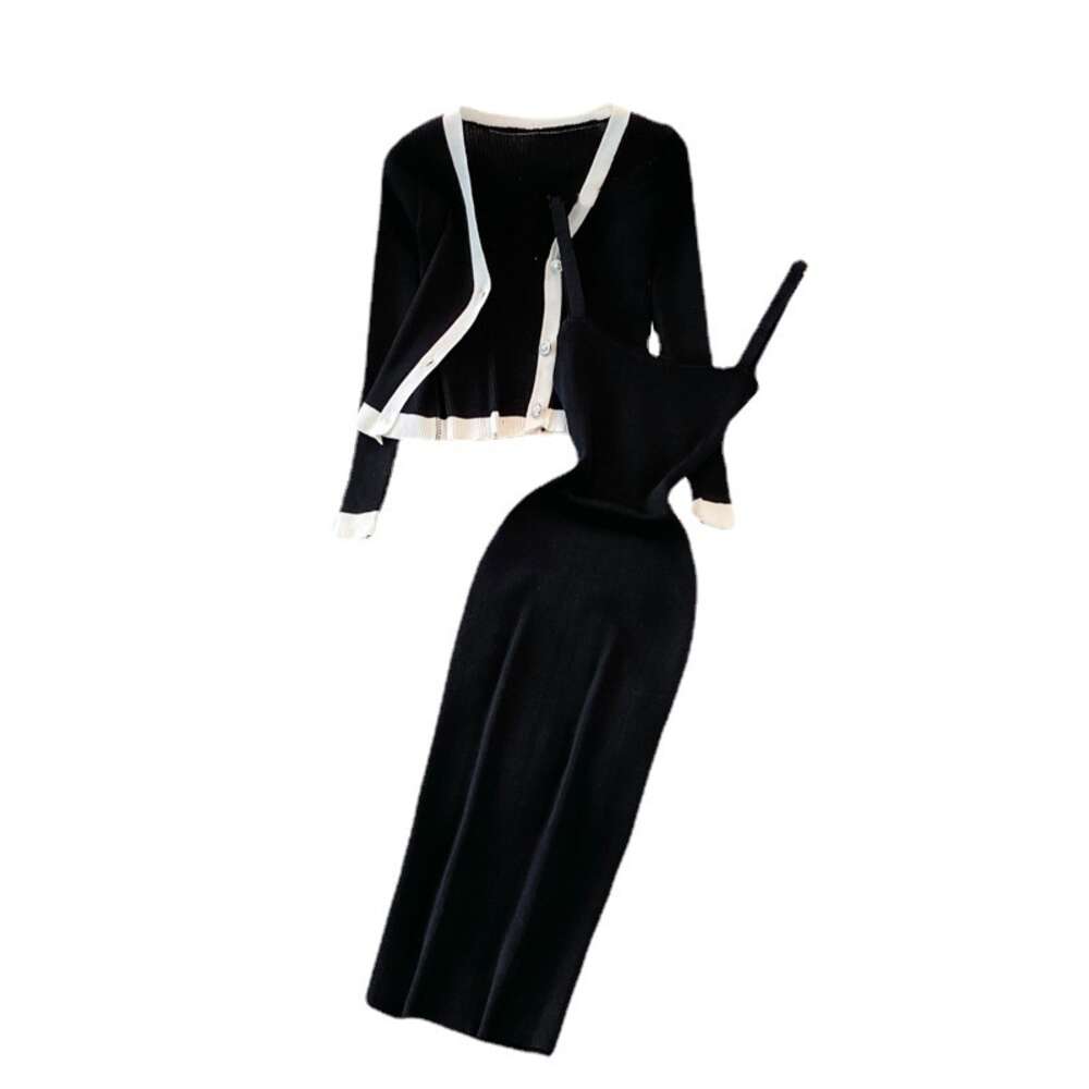 Fashion V-Neck long sleeve Knitted Top shawl cardigan two piece suit medium long tight elastic Hip Wrap Dress