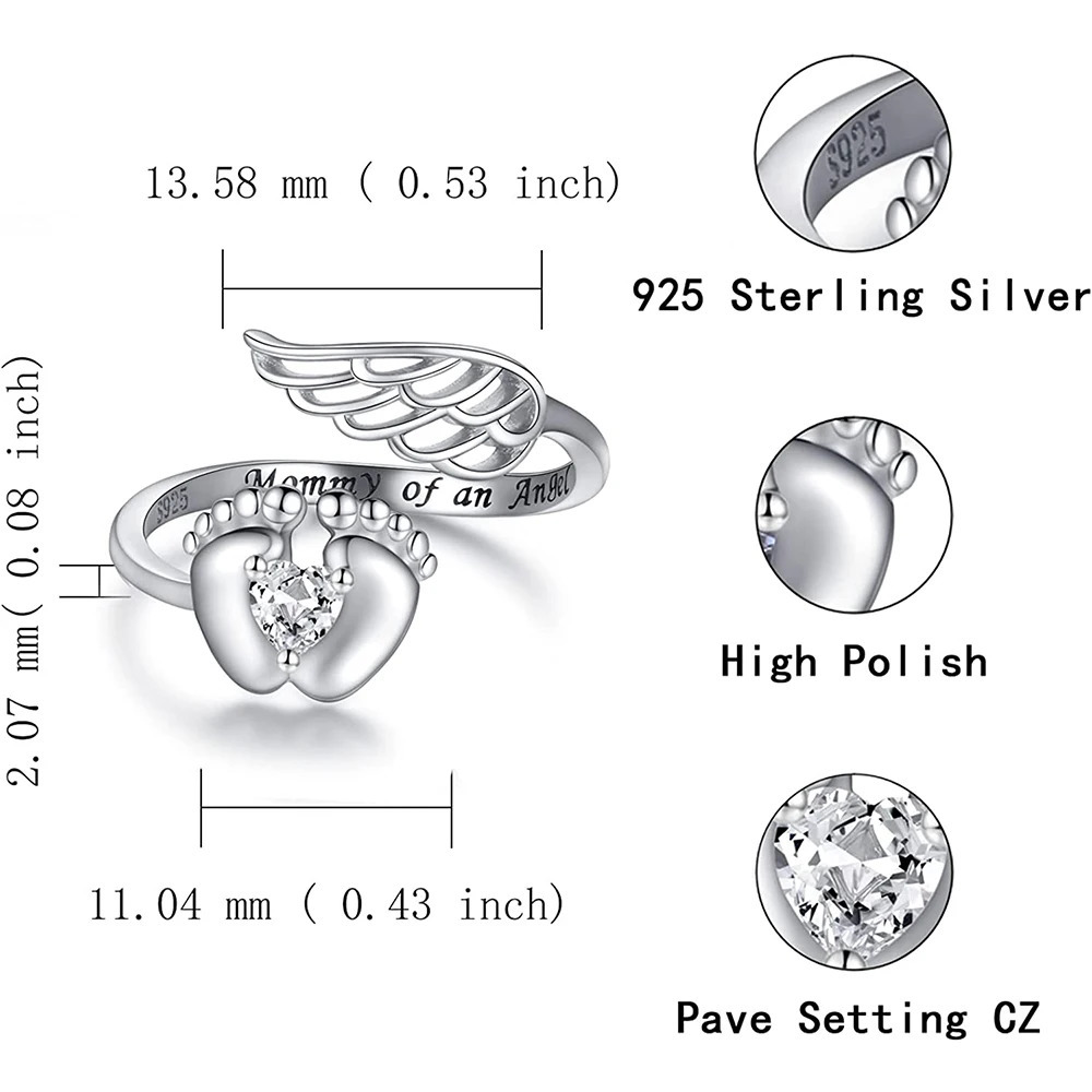 Personalized Sterling Silver Angel Wings Baby Feet Miscarriage Ring -Loss of Pregnancy Rings Jewelry Memorial Gift for Women Mom 240530