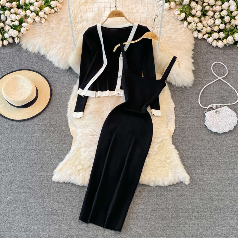 Fashion V-Neck long sleeve Knitted Top shawl cardigan two piece suit medium long tight elastic Hip Wrap Dress