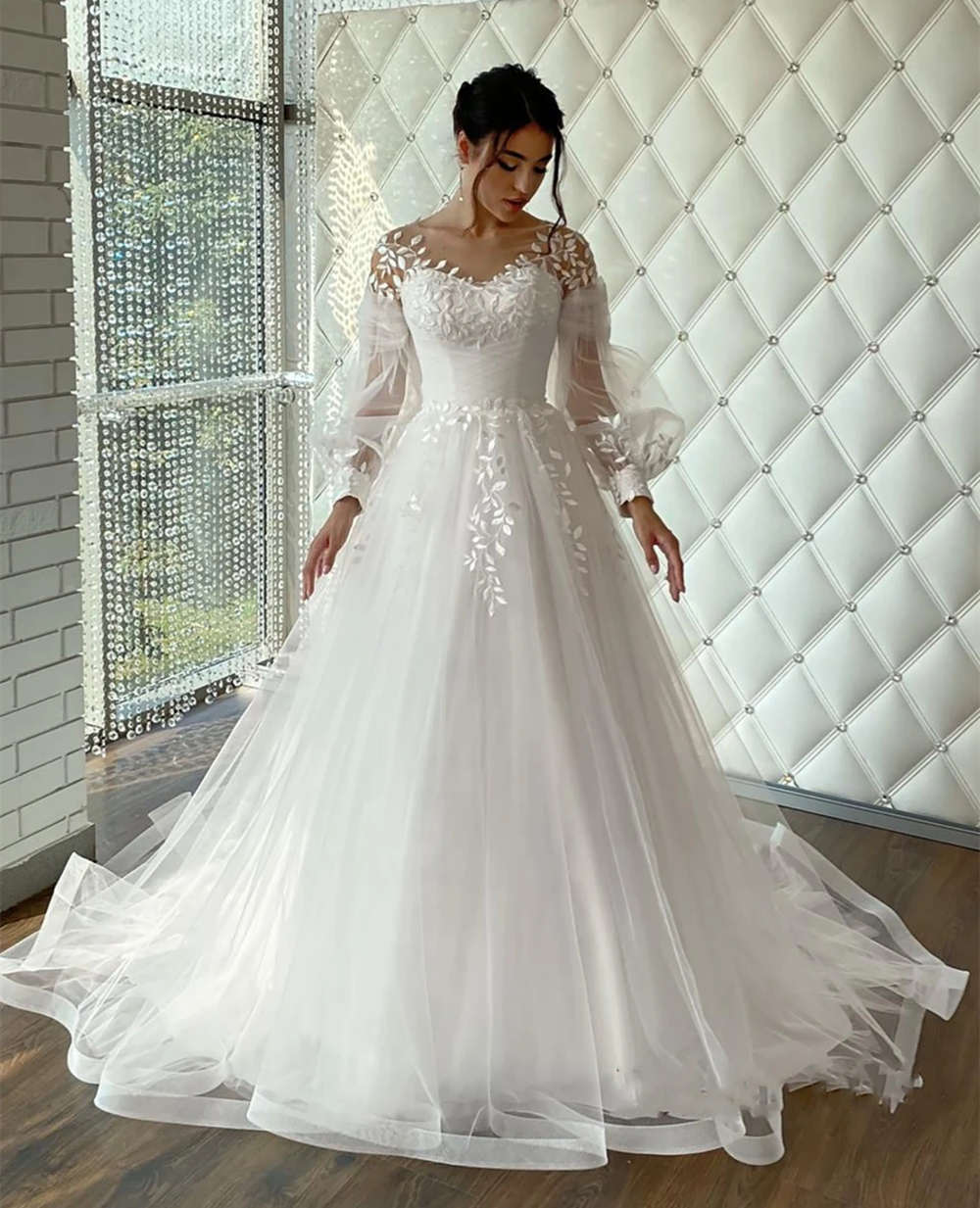 Modest Sleeves A E Wedding Dress Jewel Neck Classic Appliques Bride Formal Event Dresses Elegant Tulle Long Bridal Gown Boho Robe De Mariee Lace Up 02