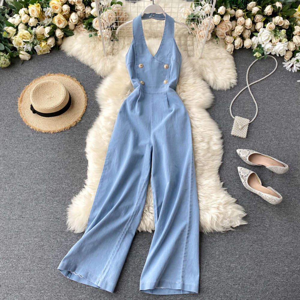2020 Summer jumpsuit style elegant sleeveless backless high waisted slim and wide leg denim jumpsuit