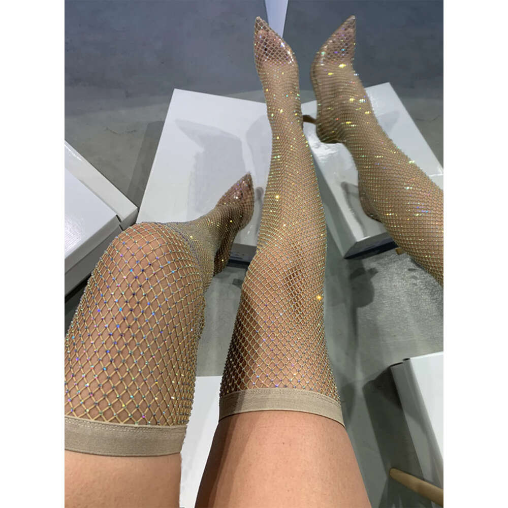 2024 New Full Rhinestone Mesh Summer Boots Women Thigh High Over The Knee Sandals Banquet All Match Women's Pointed Toe Boots