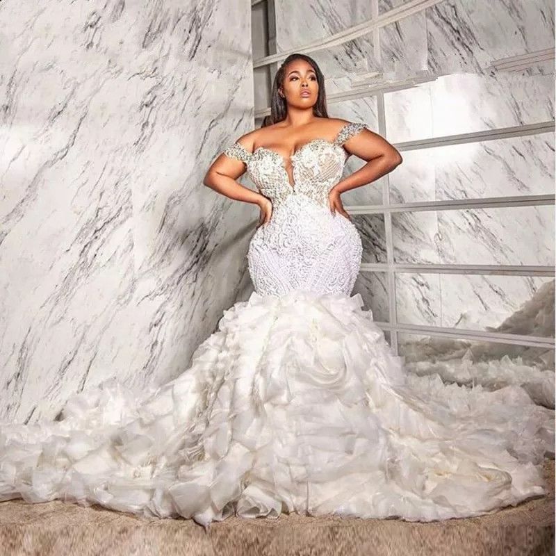 Plus Size Mermaid Wedding Dresses Sweetheart Ruffle Train Tulle Lace Crystal Beading princess sparkly church royal bridal gowns