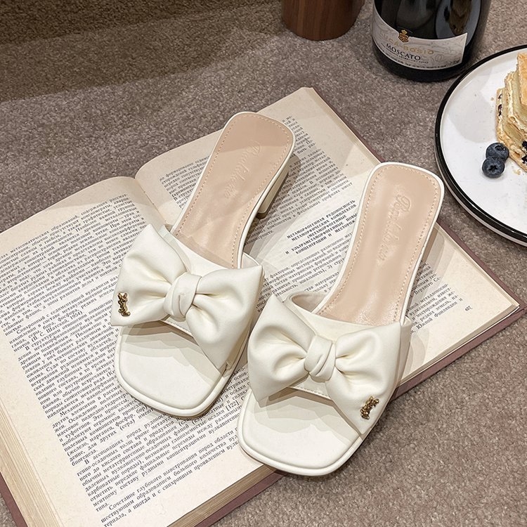 Large New Open Summer 2024 Toe One Piece Women's Outer Wear Square Head Bow Tie Middle Heel Cool Drag 01 Lhshoe