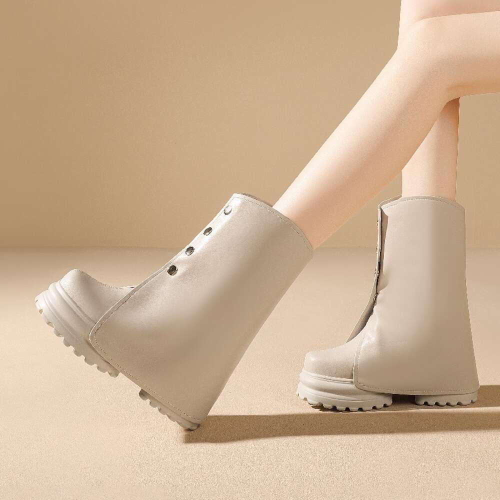 Spring Autumn New Slim Height Increasing Wedges Platform Buckle Genuine Leather Women Mid-Calf Modern Trouser Boots Winter Plush