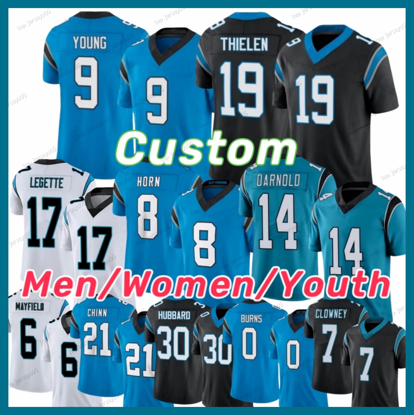 9 Bryce Young Football Jersey Xavier Legette Jonathon Brooks Miles Sanders Adam Thielen Jonathan Mingo Jadeveon Clowney Jaycee Horn Julius Peppers Diontae Johnson