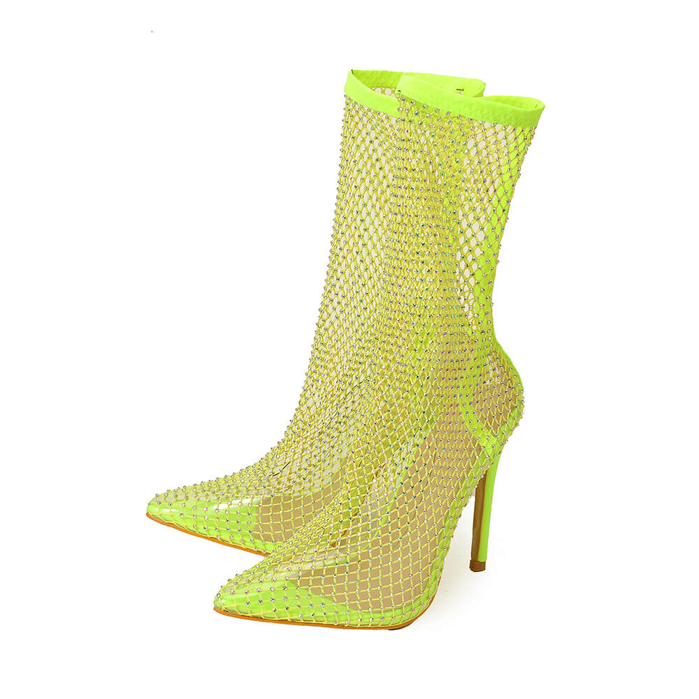 AIYKAZYSDL Mesh Net Clear Transparent Ankle Stretch Sock Boots Women High Heels Rhinestone Crystal Neon Green Yellow Shoes