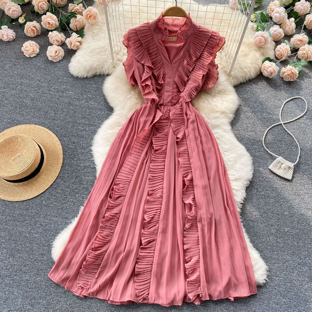 24ss Summer Chiffon Dress Sleeveless Fashion Slim Fit Elegant Ruffle Edge Waist Wrap Long Dress