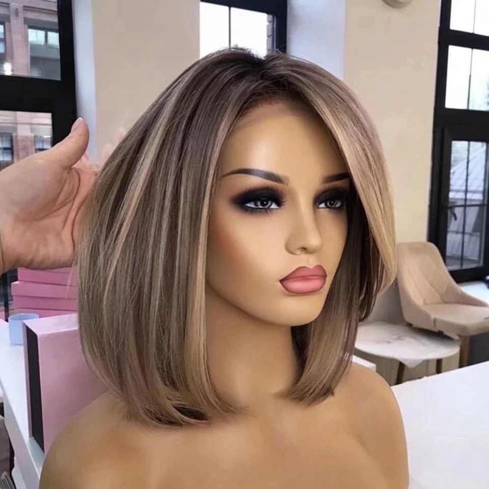 Ash Blonde Brown Bob Highlight Glueless Short Straight Front Wigs Human Hair 13X4 HD Lace Frontal Wig