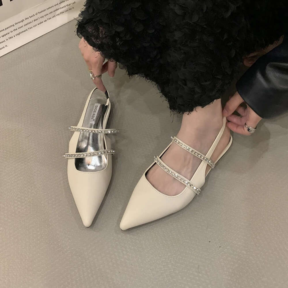 Woman Single Advanced Sense Rhinestone Flat Sandals Ankle Strap Shallow Mouth French Style Baotou Female Shoes Summer Ddmymonkey