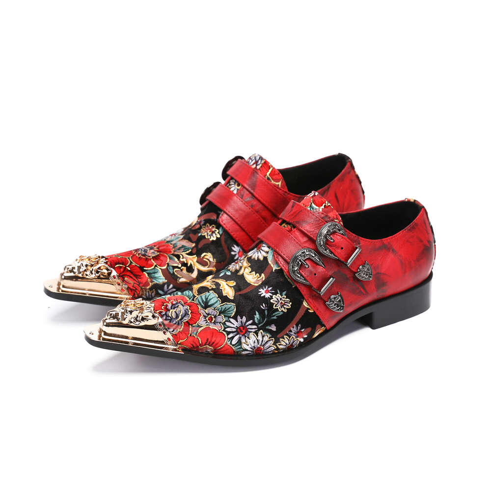 New Chinese Style Red Flower Men Oxfords Big Size Metal Pointed Toe Real Leather Male Wedding Celebrate Dress Shoes