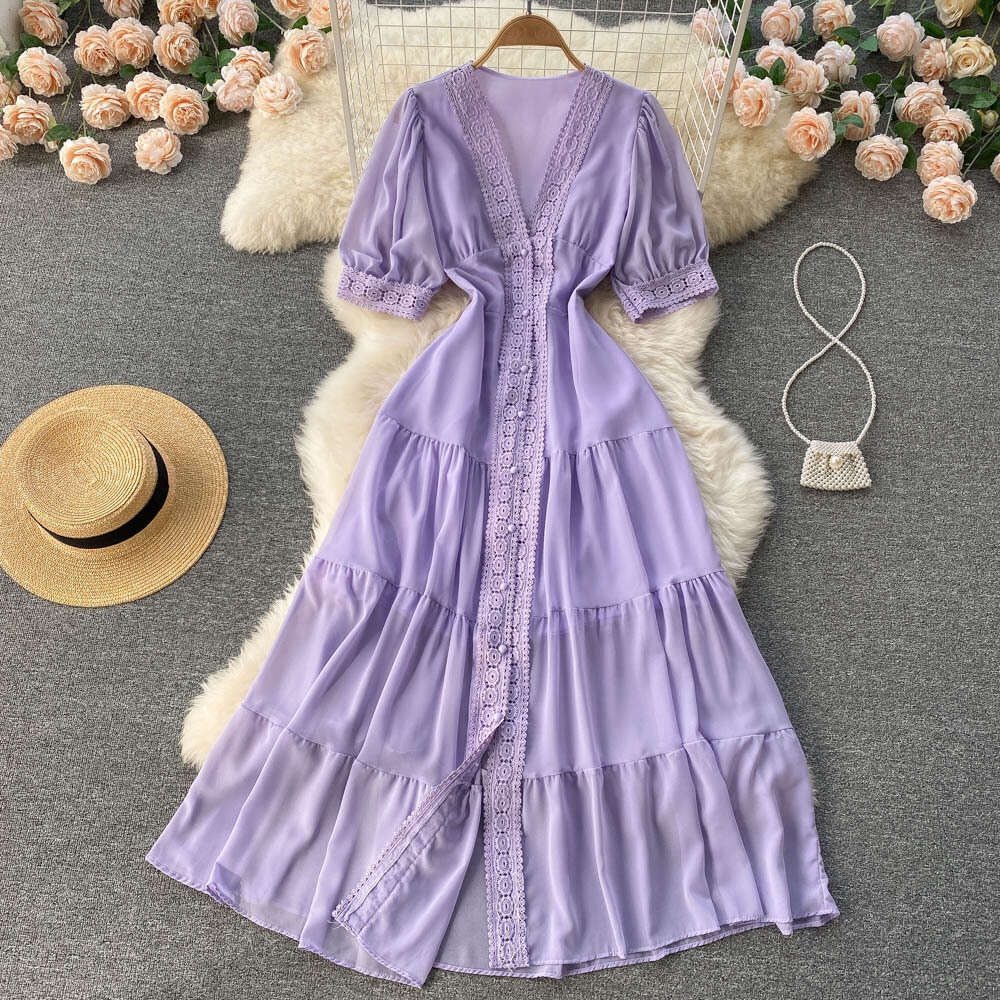 French Court Style Lace V-neck high-grade dress with closed waist short sleeves single breasted long skirt
