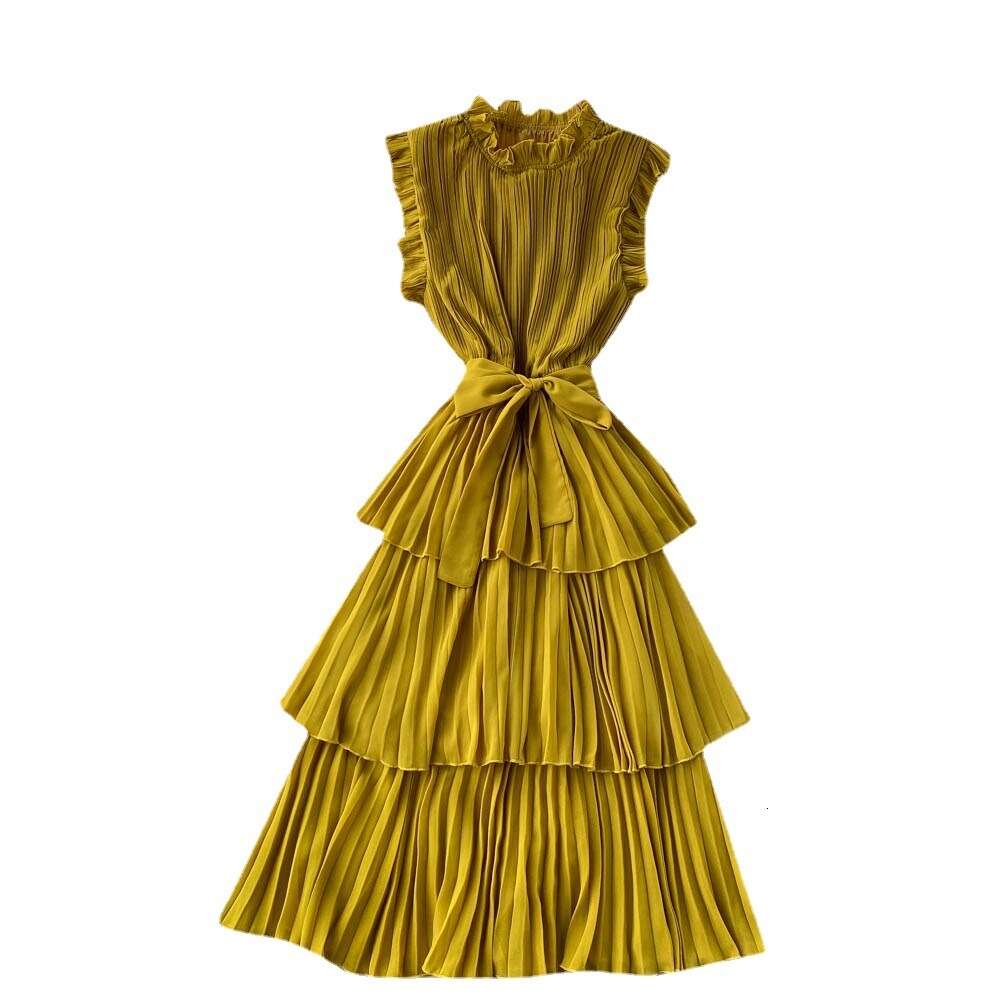 French dress womens heavy industry crimp wood ear edge collar lace up waist thin Ruffle chiffon cake skirt