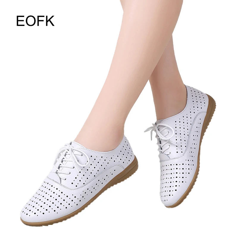EOFK Spring Autmn Women Oxford Shoes Casual Leather ballet Flats Lace up Soft Comfortable Ladies Derbys 240607