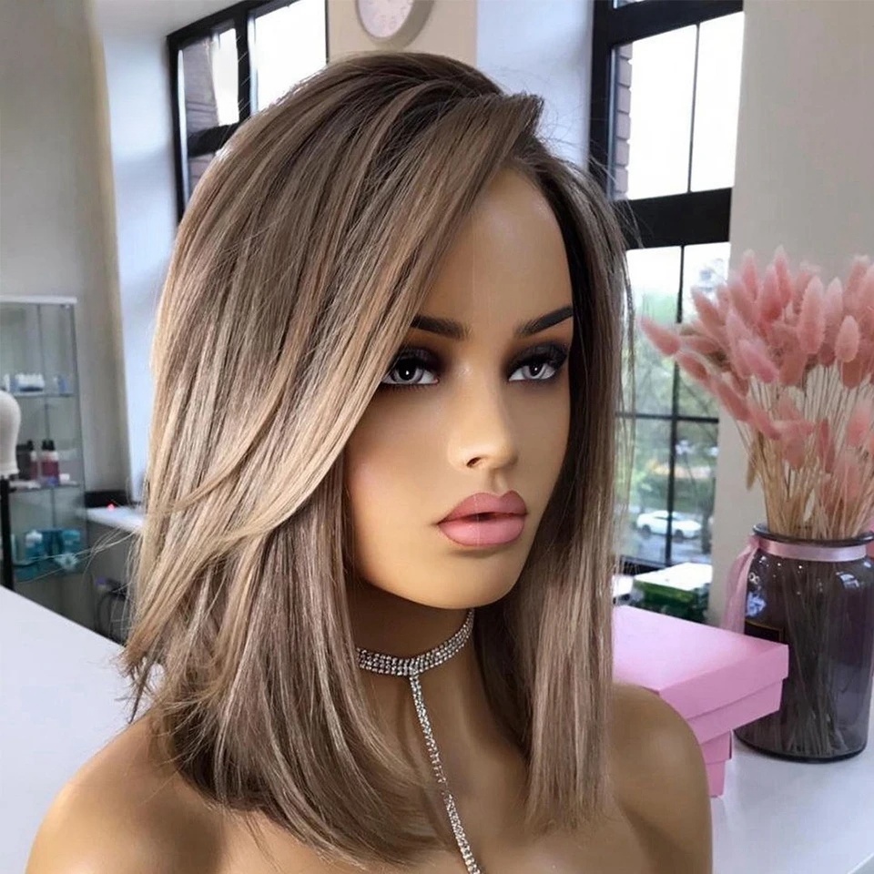 Free shipping Ash Brown Highlight 360 Frontal Pre Plucked Short Bob Straight Wig Lace Front Human Hair Wigs for Women