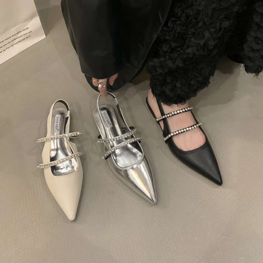 Woman Single Advanced Sense Rhinestone Flat Sandals Ankle Strap Shallow Mouth French Style Baotou Female Shoes Summer Ddmymonkey