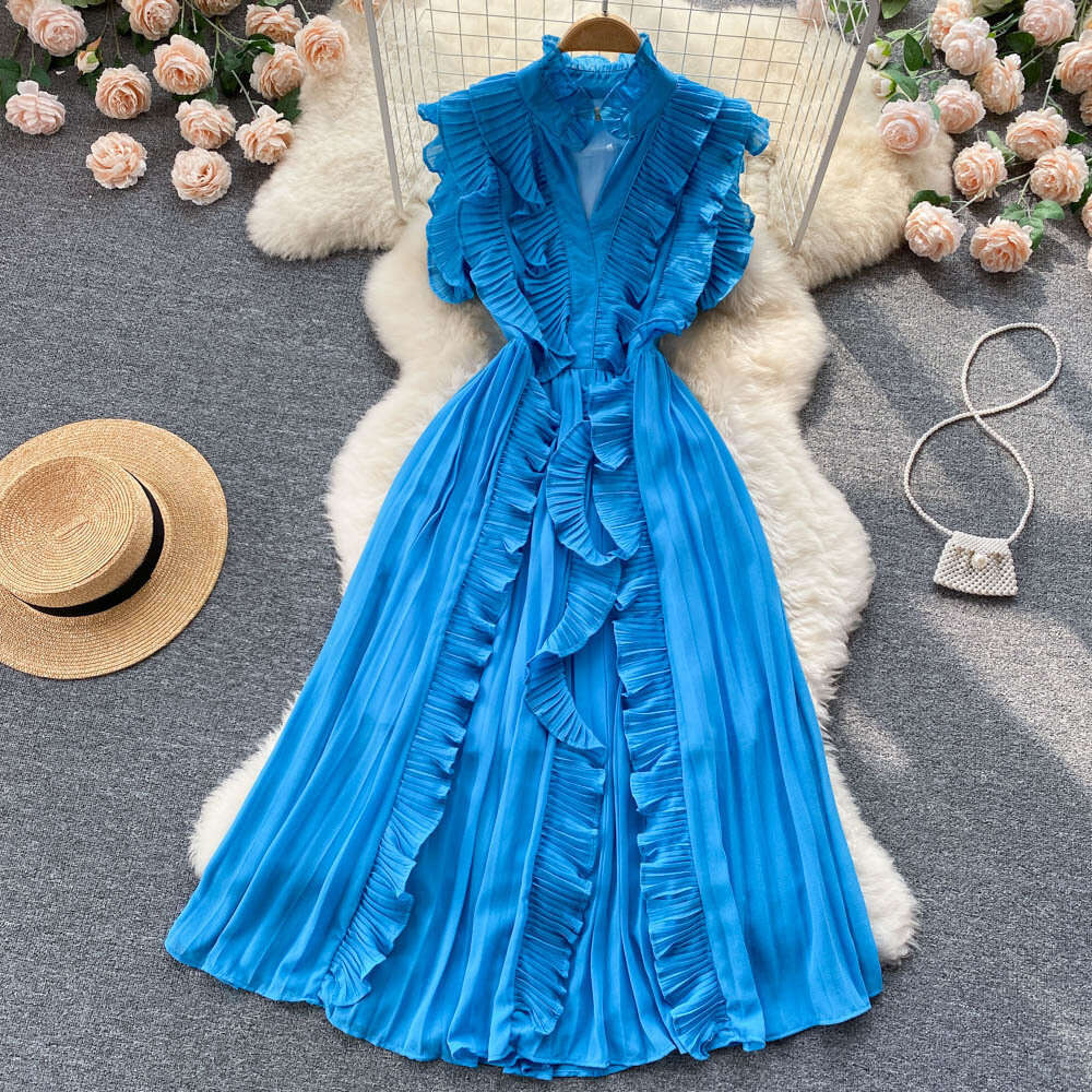 24ss Summer Chiffon Dress Sleeveless Fashion Slim Fit Elegant Ruffle Edge Waist Wrap Long Dress