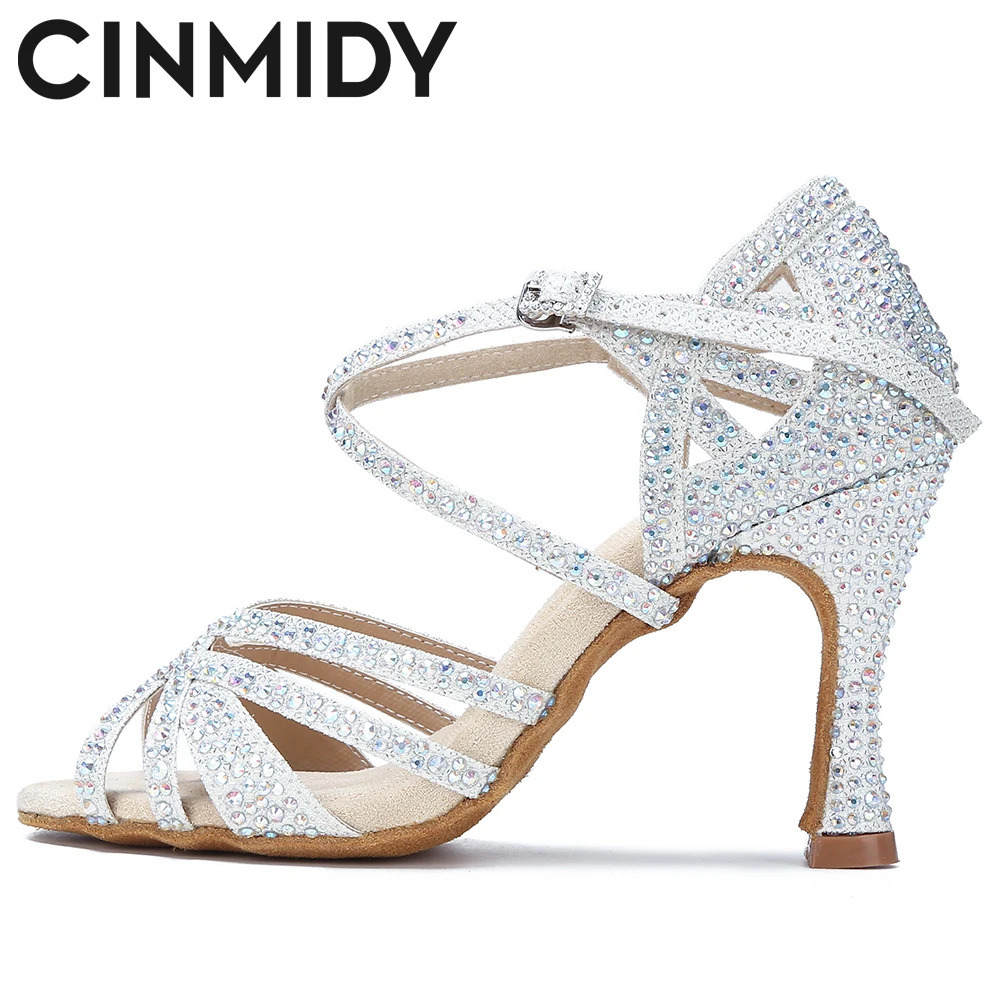 CINMIDY Satin Glitter Dance Shoes Women Rhinestone Latin Dance Shoes Ballroom Dance High Heels Party Shoes Women Wedding Shoes 240607