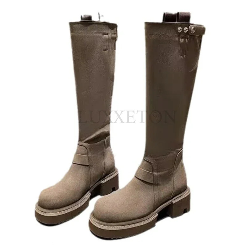 Women Spring Thick-soled Fashion Winter Knee-high Quality Suede Long Comfort Round Toe Botines Mujer Knight Boots