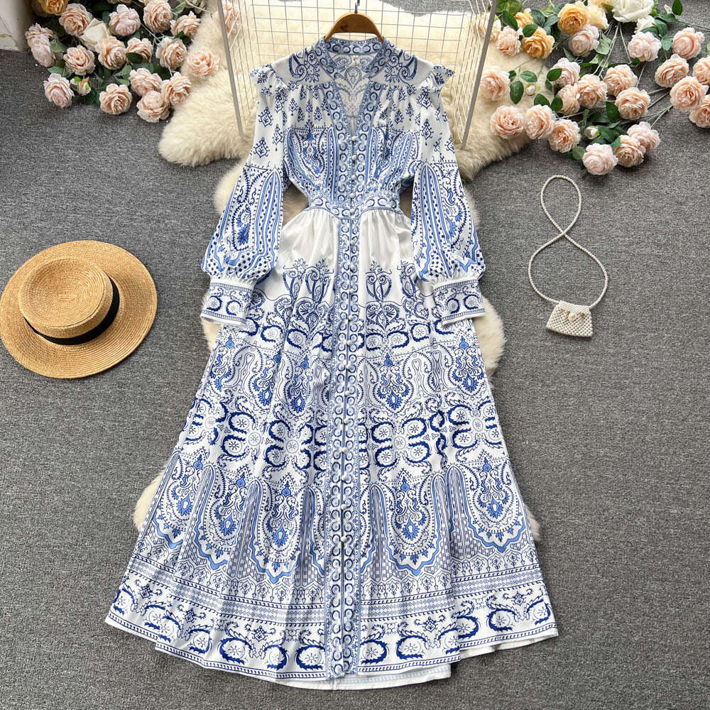 Spring New Instagram Elegant Style V-neck Single breasted Bubble Sleeves Wrapped Waist Dress Womens Big Swing Long Dress
