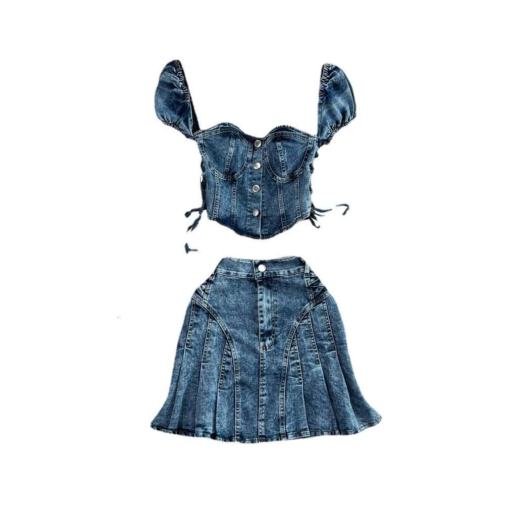 Fashion Set Spicy Girl Short Open Umbilical Strap Denim Top Two Piece High Waist Pleated Half Skirt