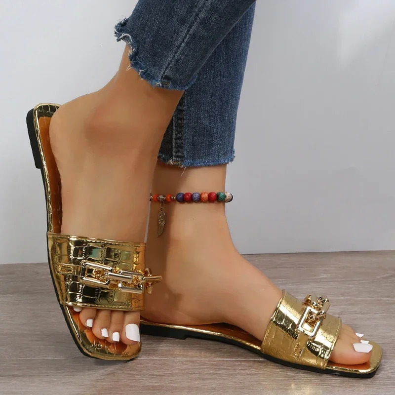 Womens Chain Apartment Slide Summer Sandals Casual Shoes Fashion Slide Walking Flip Beach Shoes Dress Slide 240611