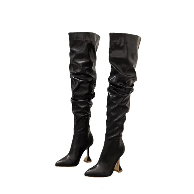 Women Winter Pointed Leather Stiletto Toe White Heeled Knee Boots Wine Glass Heel Side zipper Thigh Gigh Booties
