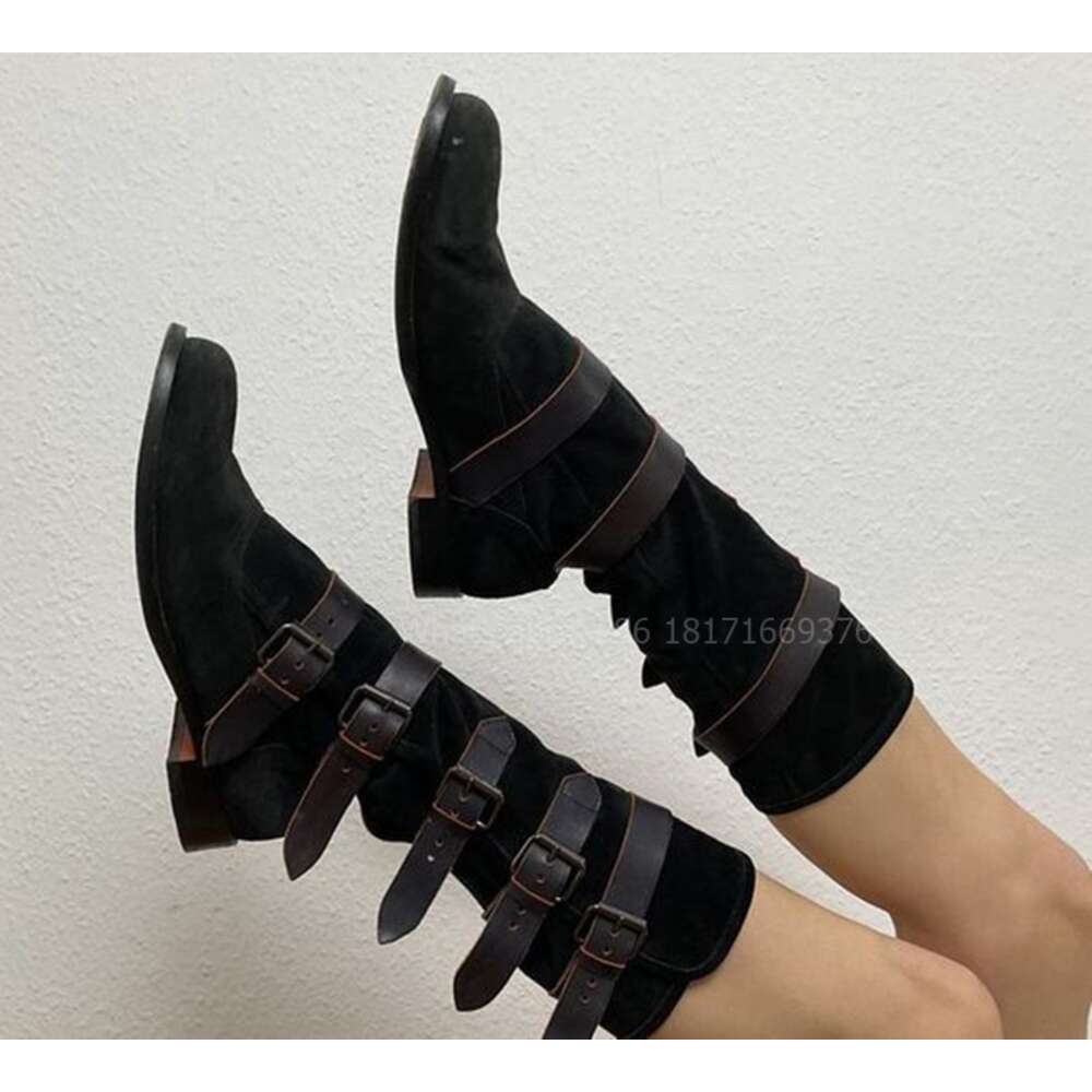 Fashion Gladiator Round Toe Buckle Flats Women Knee High Leather Zip Knight Boots Dress Fall Lady Shoes 2024