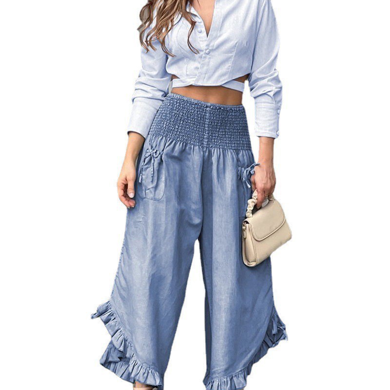 Womens Two Piece Pants Wefads Women Two Piece Set Fashion Solid V Neck Long Sleeve Nipped Waist Top Loose Wide Legs Pants Sets High Streetwear 230220