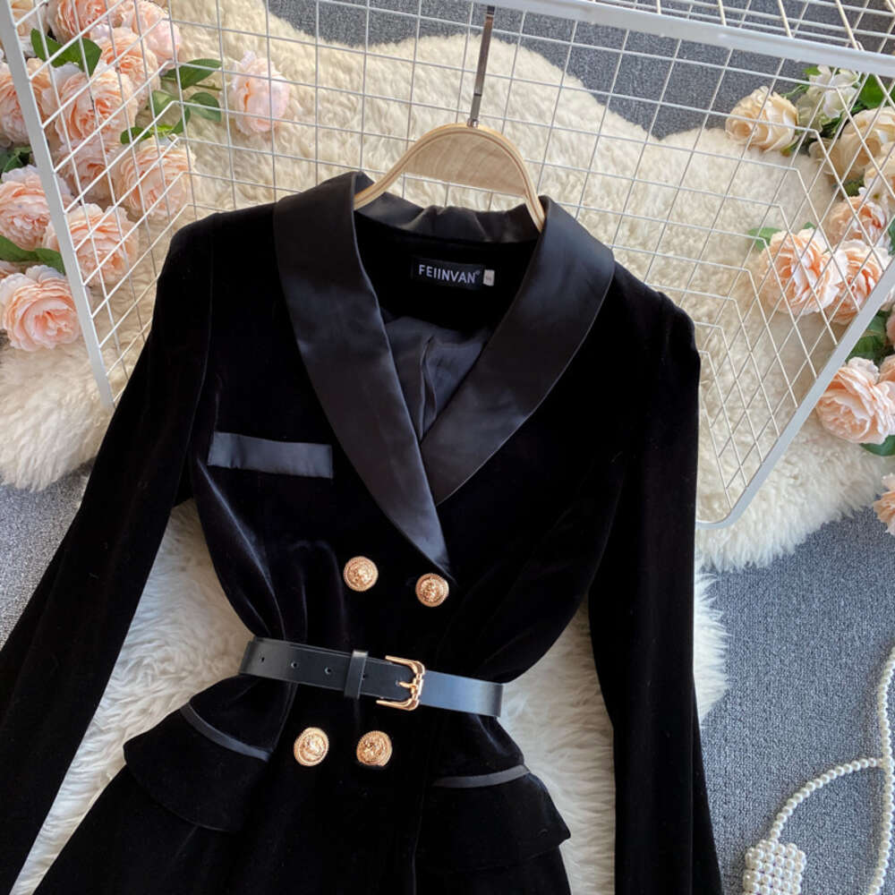 winter dress new womens suit collar Fashion British style double breasted slim velvet dress