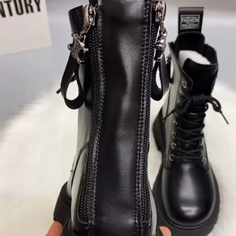 SLX Winter British Style Womens Martin Boots Black Retro Zipper Thick Bottom Joker High Quality Soft Leather Booties 240611