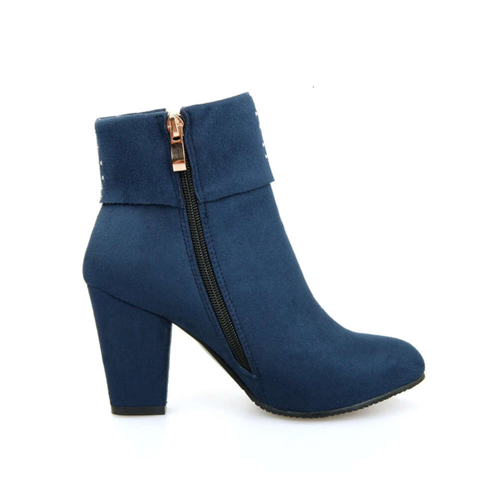 Big Size Crystal Zipper Ankle Women High Chunky Heels Blue Red Quality Flock Casual Office Party Winter Ladies Short Boots