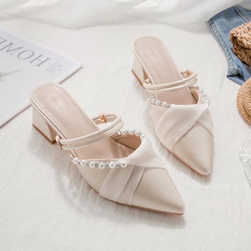 Pure Desire Middle Summer French High Wrapped Sandals Women's Thin Heels Pointed Toe Hollow and Versatile Small Fragrant Style Single Shoes Lhsho