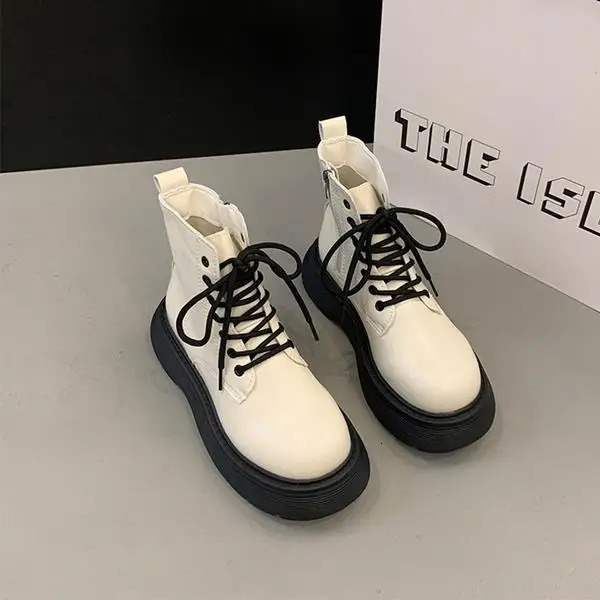 Women Autumn Flat Boots Shoes Heel Lace Up Round Toe Rock Med Rubber Summer Ladies Lolita Ankle Cross-tied PU Lace-Up S 2