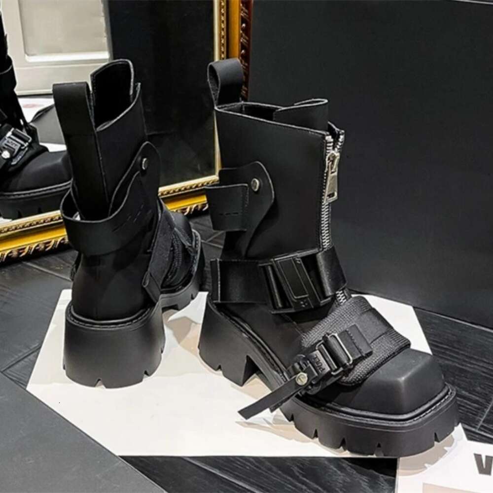 New Fashion Women Motorcycle Genuine Leather Thick Sole Zipper Belt Buckle Ankle Boots Street Modern Shoes