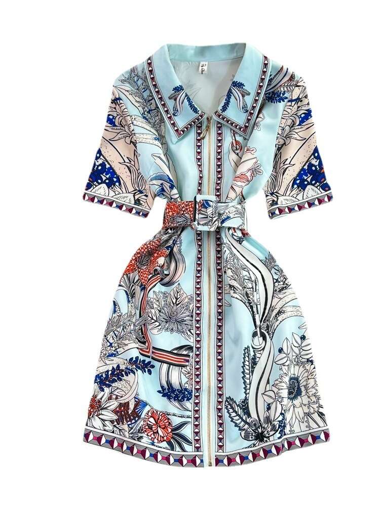 24ss Summer haute couture temperament short sleeved lapel with waistband for slimming positioning print A-line shirt dress
