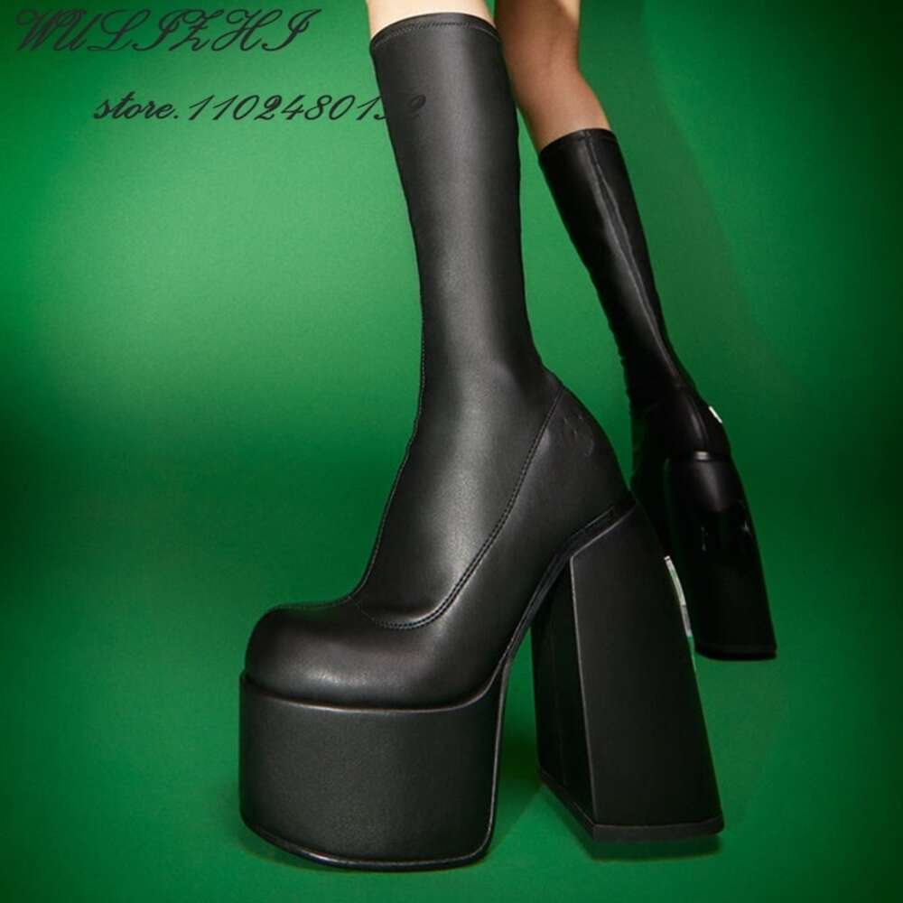 Black Matte Tight Knee Stretch Boots Women Platform Spring Dress Square Calf Booties Elegant White Mirror Shiny Leather Shoes