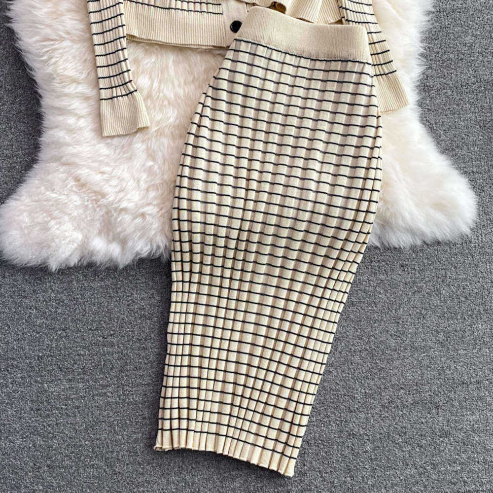 Fashion suit skirt slim knit Lapel top sleeveless vest three piece set high waist striped Hip Wrap Skirt women