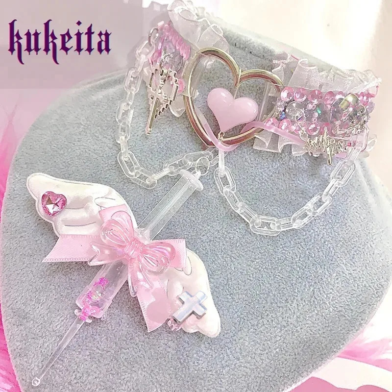 Kukeita Handmade Kawaii Angel Wing Bow choker Y2k Harajuku Love Rhinestone Ruffles chain Necklace Lolita Accessories 240531