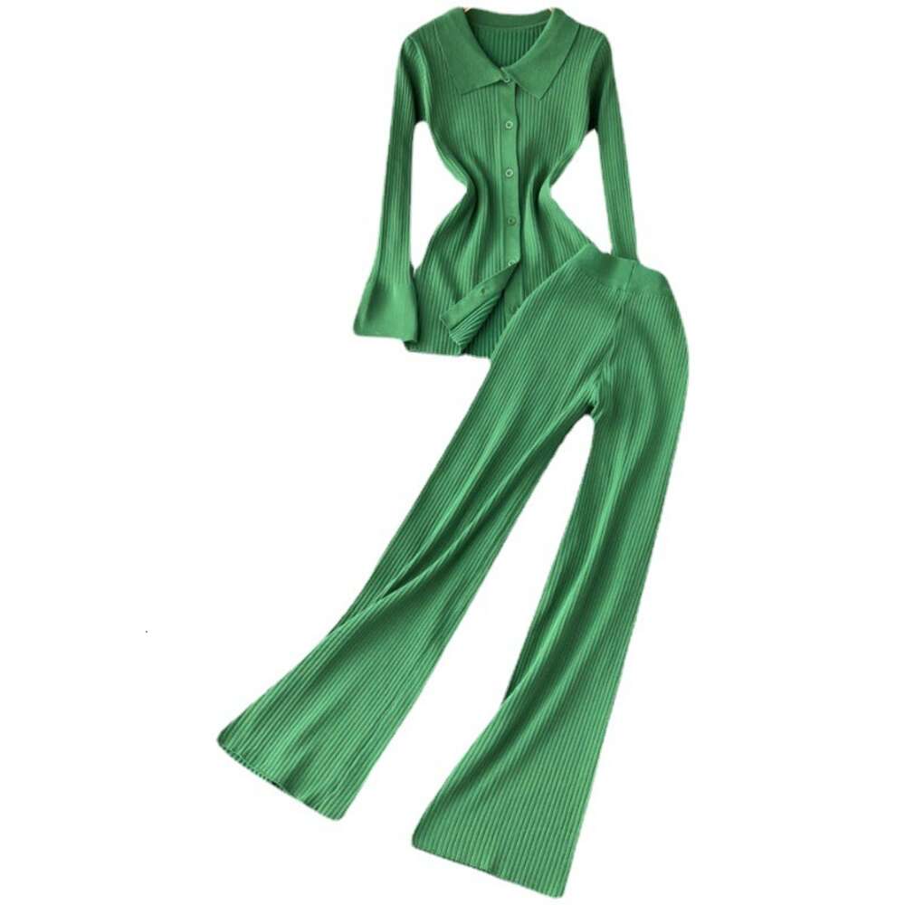Fashion Knitted Suit Womens Green Long Sleeve Lapel Sweater Cardigan Shirt High Waist Hanging Feeling Wide Leg Pants Two-piece Set