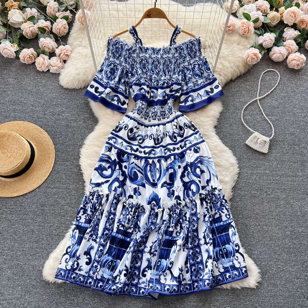Summer New Style Off Shoulder Strap Long Dress for Women with Elastic Waist and Large Swing Printed Holiday Style Dress