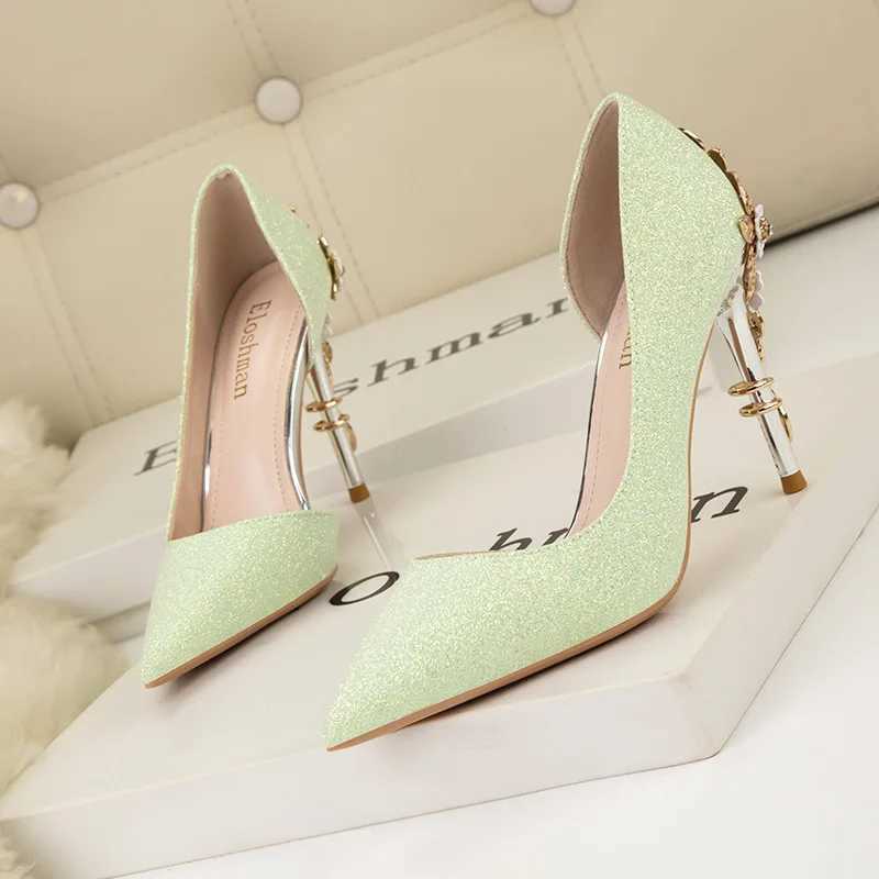 Bridal Slip Dress Shoes Hollow On Metal Heels Sexy Pump Bg Sandals Ladies Lace-Up Pointed Wedge Bride Slip-On Metalic CrossdrL