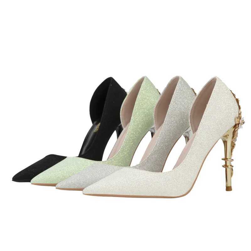 Bridal Slip Dress Shoes Hollow On Metal Heels Sexy Pump Bg Sandals Ladies Lace-Up Pointed Wedge Bride Slip-On Metalic CrossdrL