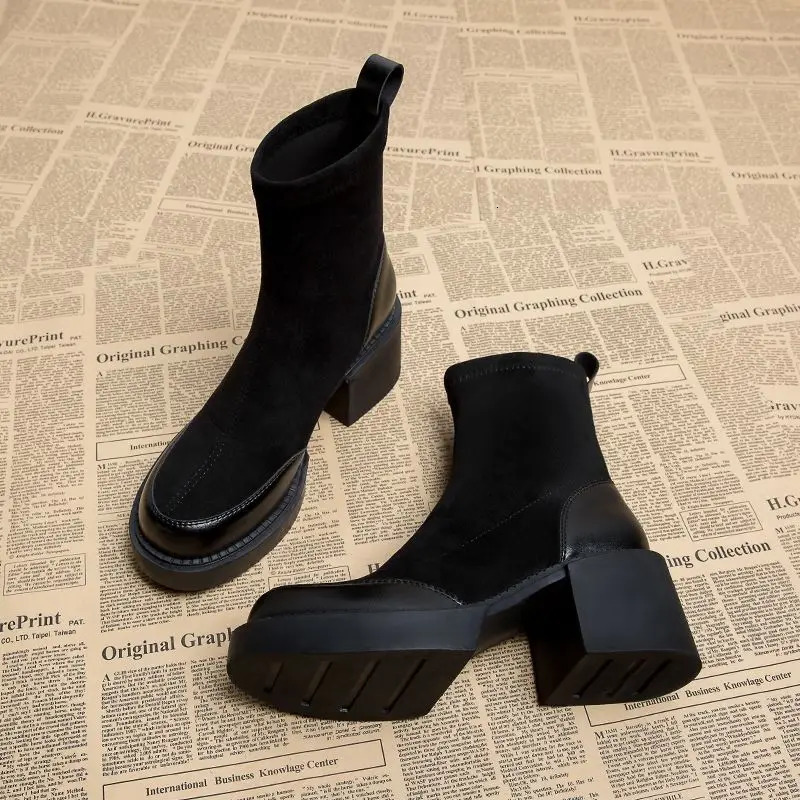 Short Shoes for Woman Black Womens Ankle Boots Sock Footwear Combat Booties Very High Heels Suede Punk Style Heeled Autumn Boot 240611