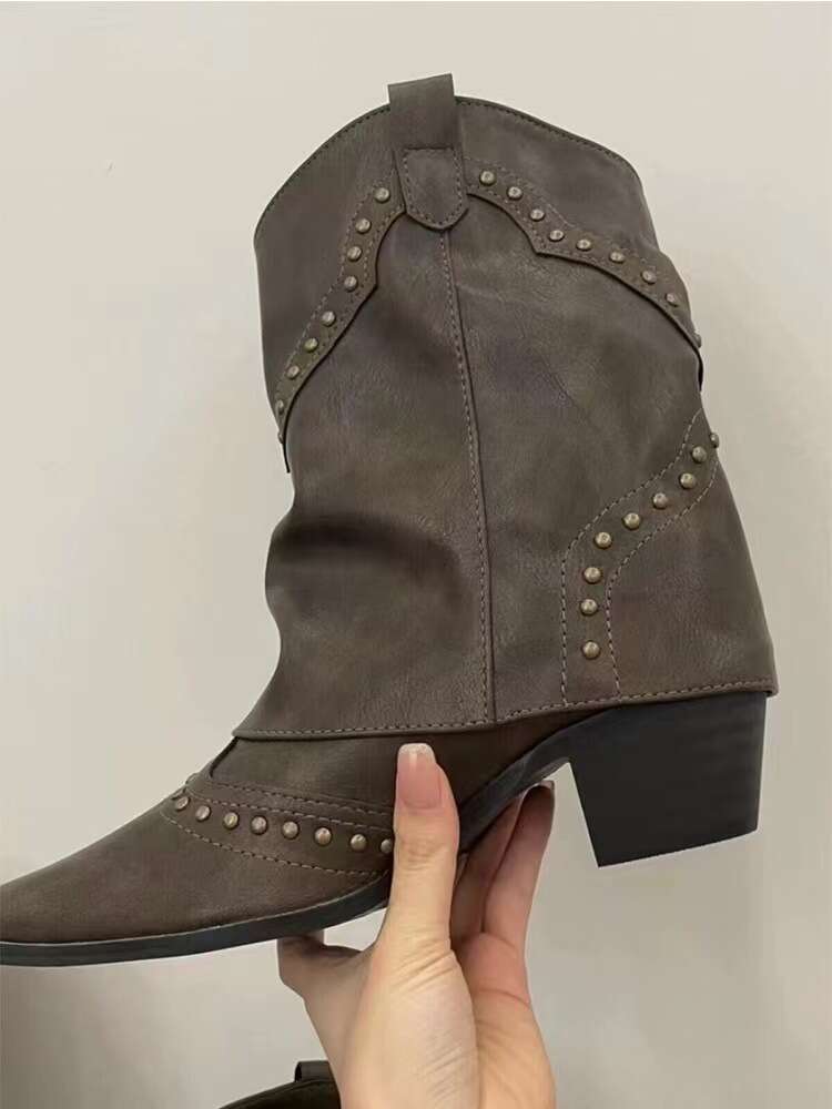 Retro Red-Brown Pointed Toe Rivet Western Trouser Woman Winter 2024 Black Slip-On Thick Heel Trendy Boots For Women