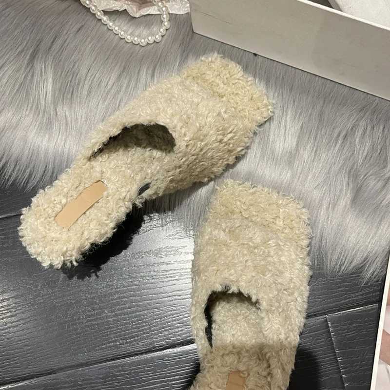 Shoes Fur Teddy Dress Rich Mule Slides Woman Elegant Kitten Heel Square Toe Plush Slippers Ladies Winter Party Stiletto Furry Pump ShoesL464